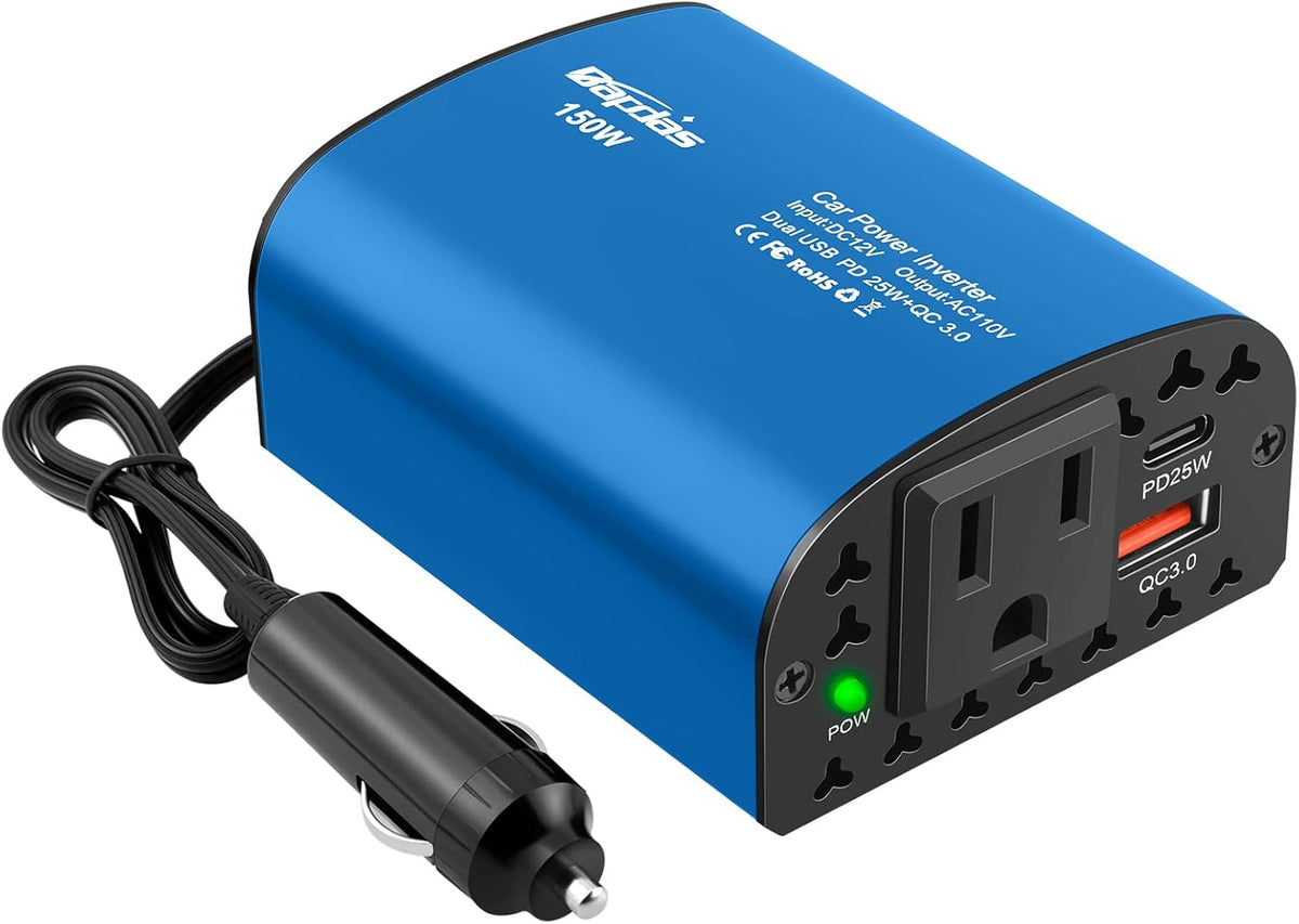 150W Car Power Inverter DC 12V to 110V AC Car Plug Outlet Adapter with PD 25W USB C & QC3.0 Car Laptop Charger-Blue