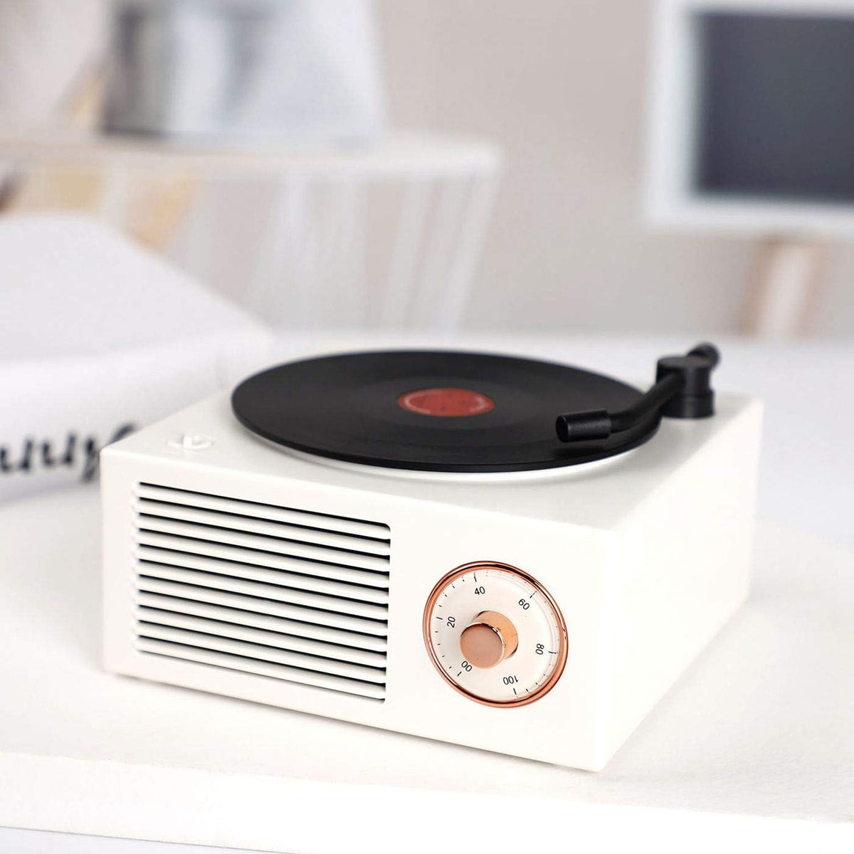Benzama Cute White Old Fashioned Classic Style Bluetooth Speaker, Creative Vinyl Record Player Gift for Girls, Loud