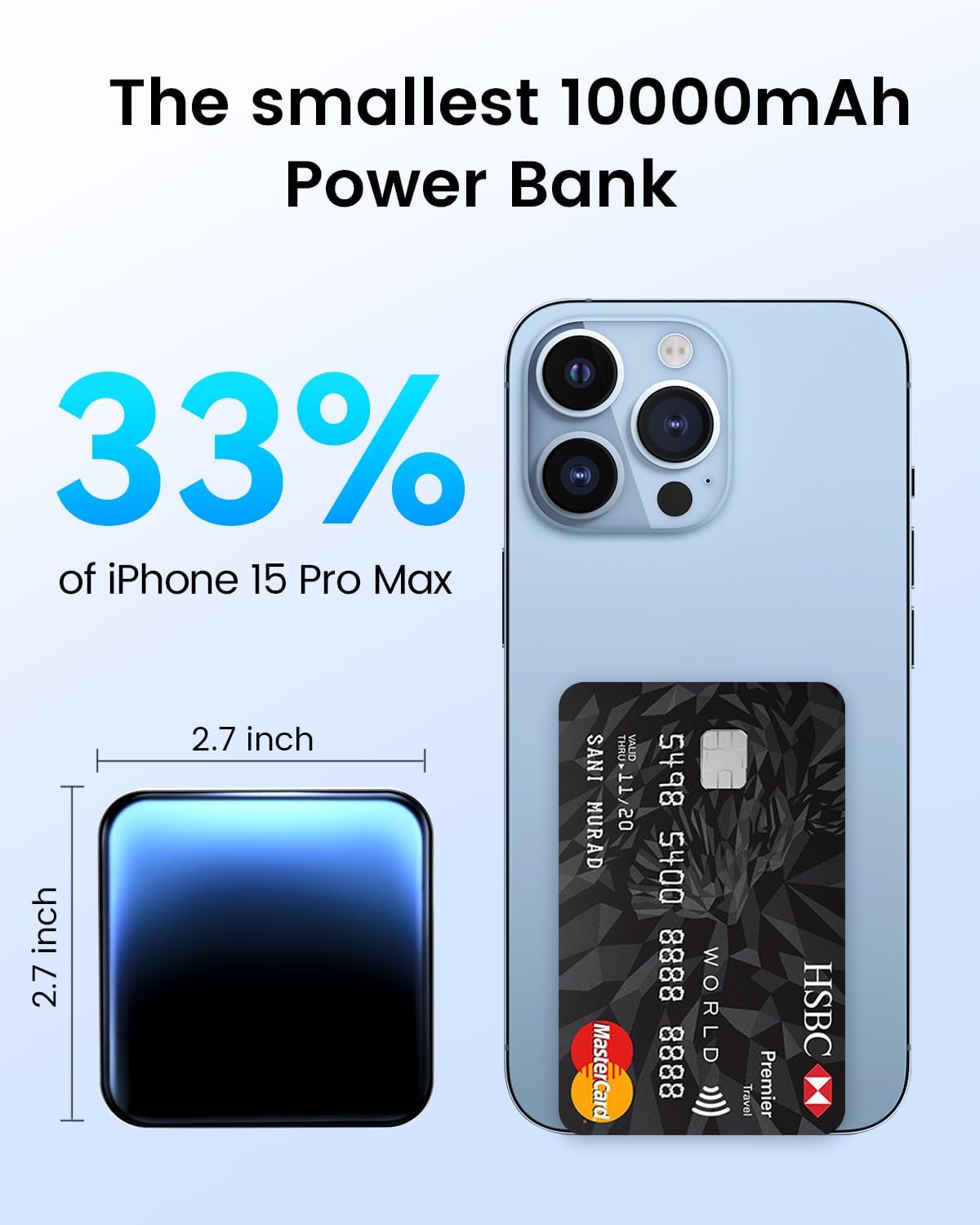 10000mAh Small Power Bank, Mini Portable Charger, USB C Input/Output with Smart LED Display, 30W Fast Charging for