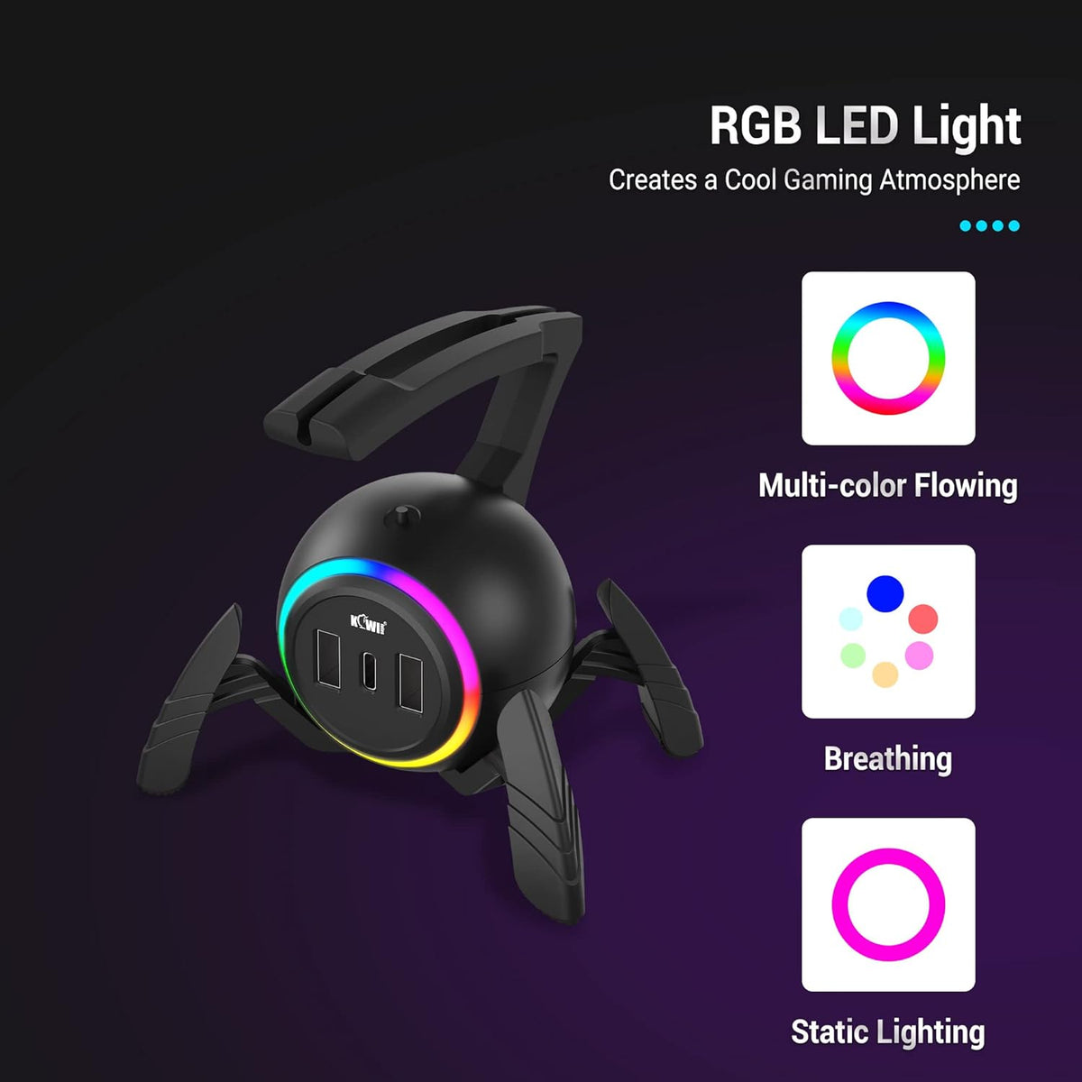 KIWIFOTOS Mouse Bungee RGB Gaming Mouse Cord Holder Controller, Upgraded Flexible Cable Management Smart RGB LED Lights 2 Port USB Hub & 1 Type-C, Spider Mouse Wire Holder