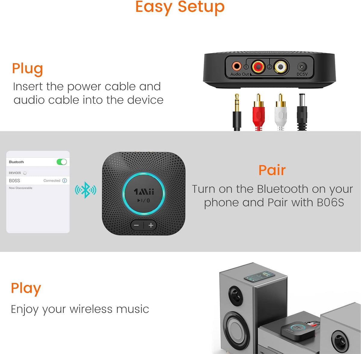 1Mii B06S Bluetooth 5.2 Receiver for Music Streaming System, Hi-Fi Wireless Audio Adapter for Stereo Receiver w/aptX HD aptX Low Latency, Bluetooth Receiver w/Volume Control RCA/3.5mm Outputs