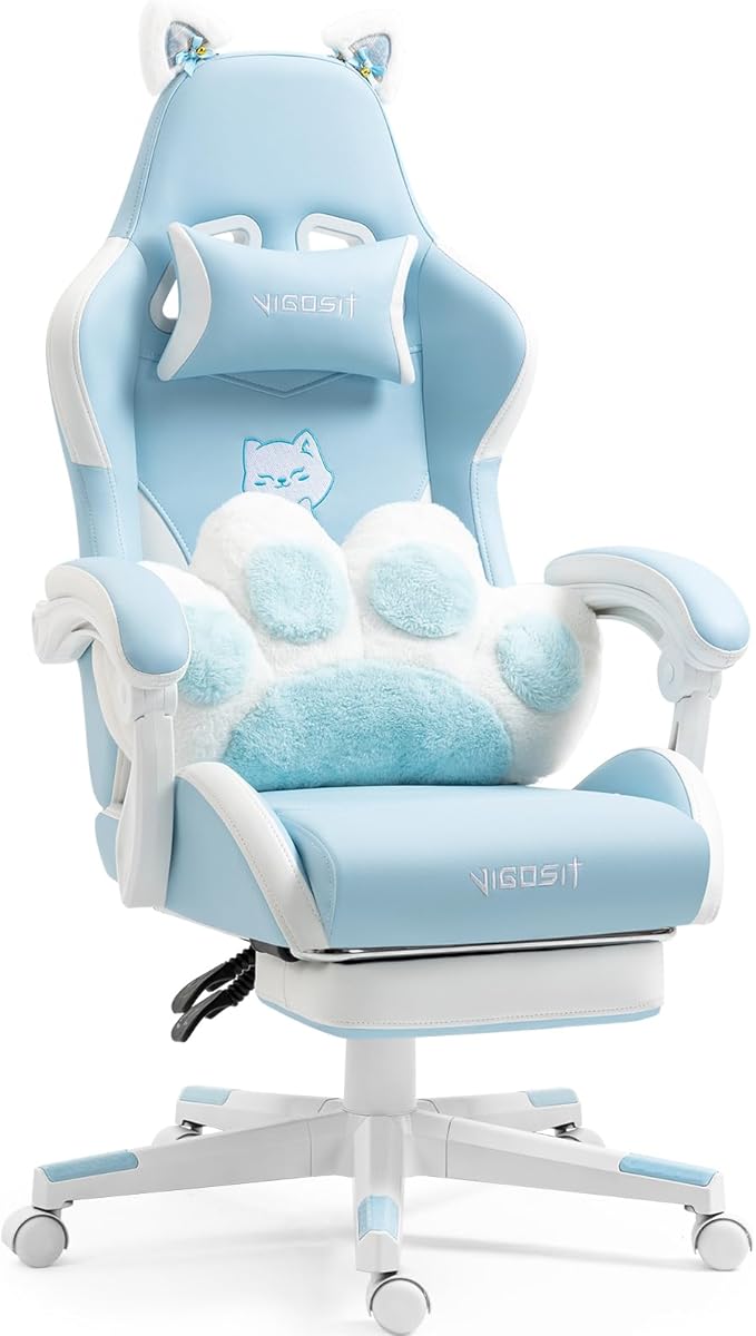 Cute Gaming Chair with Cat Paw Lumbar Cushion and Cat Ears Kawaii Pink Computer Chair with Footrest Ergonomic PC Video Anime Gaming Chairs Recliner for Kids Girls Teens (Blue)