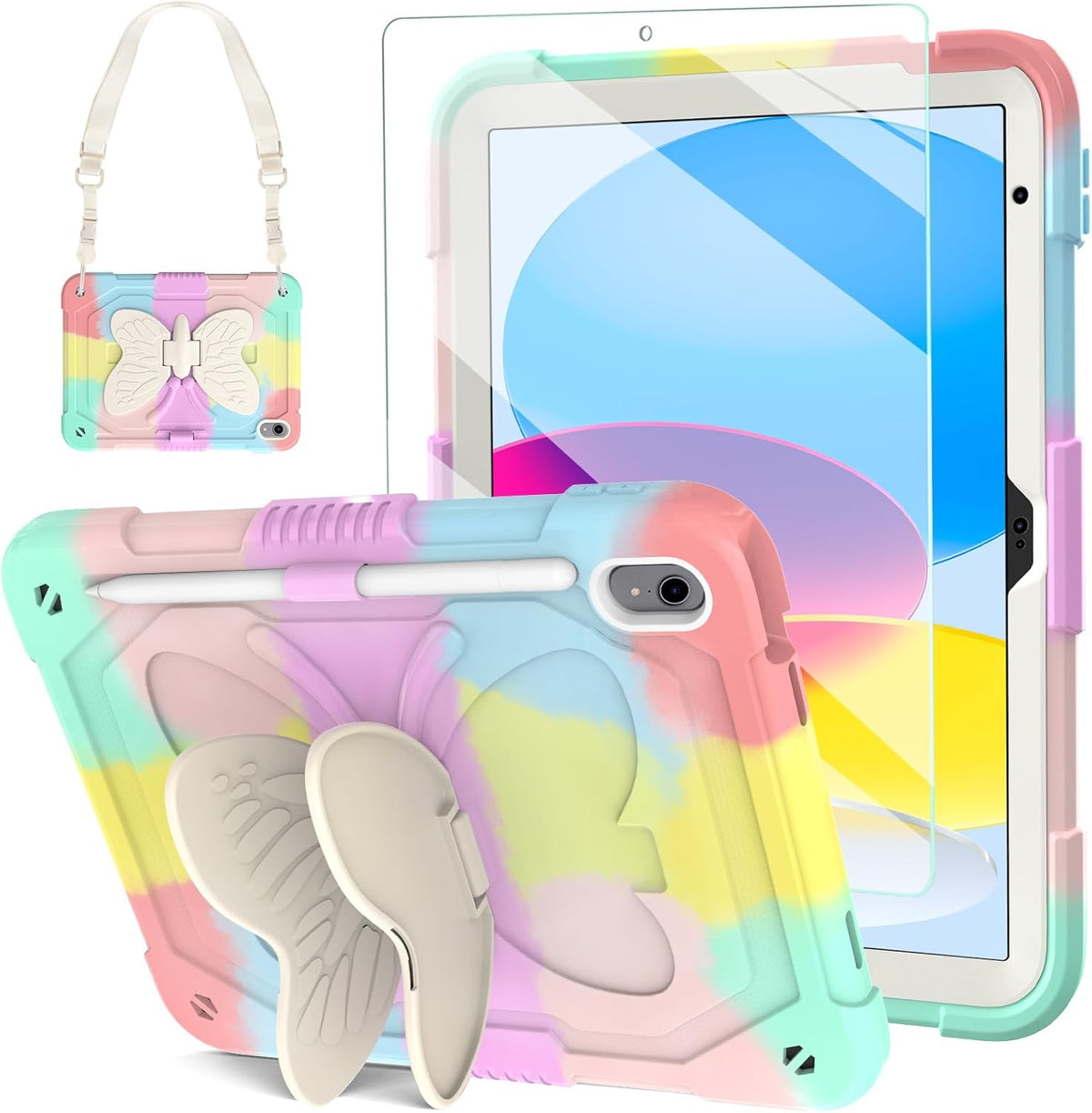 BLOSOMEET Cute Pink iPad A16 11th/10th Generation Case for Kids Girls 2025/2022 11/10.9 Inch with Tempered Glass Screen Protector & Stand, Kawaii Butterfly Cover with Pencil Holder Shoulder Strap