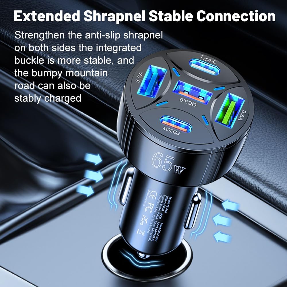 65W USB C Car Charger, PD30W & QC3.0 Fast Charging Cigarette Lighter Plug Adapter for iPhone/Android/Samsung