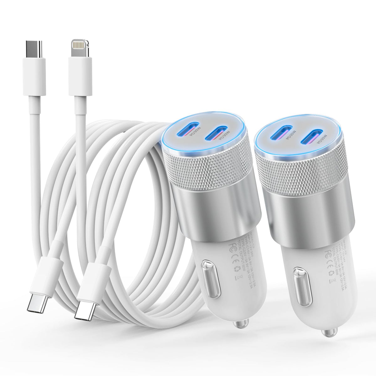 iPhone Car Charger Fast Charging, [Apple MFi Certified] 60W Dual USB-C Power Cigarette Lighter Car Charger+Type-C Cable&Lightning Cable for iPhone 16