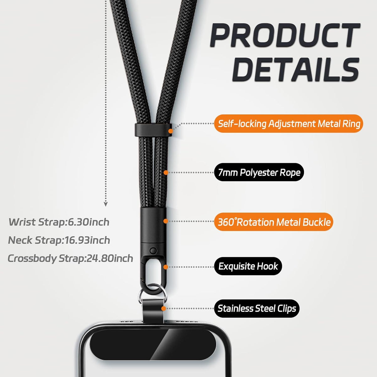 3 Pack Phone Lanyard,1×Phone crossbody strap,1×Phone Neck Strap,1×Wrist Strap,3×Tether Tabs,Universal Cell Phone Multifuctional Patch Polyester Lanyards(Black)