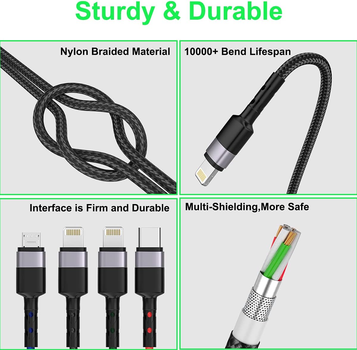 MTAKYI 3M/10Ft Multi 4 in 1 USB Universal iPhone Charging Cable, Lightning2+Type C+Micro USB Long Nylon Braided