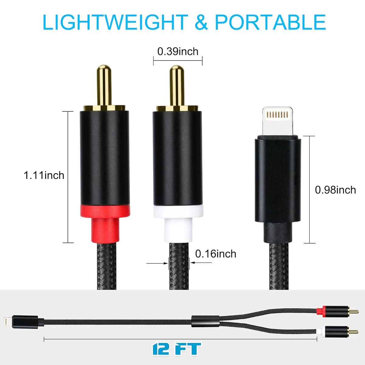 12FT Lightning to RCA Cable Audio Aux Adapter, Stereo Y Splitter for iPhone iPad Models, Power Amplifier, Home Theater