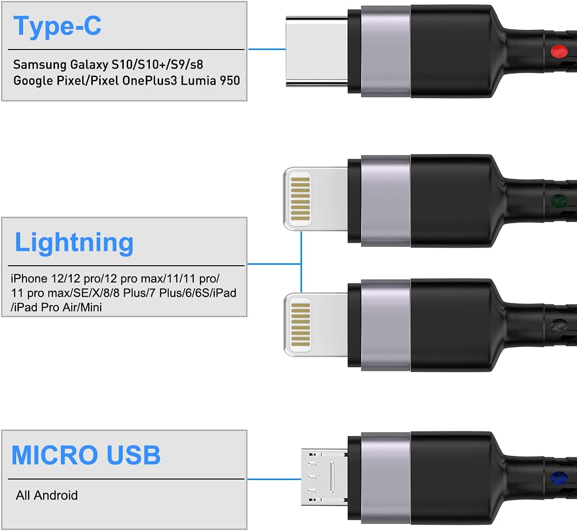 MTAKYI 1.8M/6Ft Multi 4 in 1 USB Universal iPhone Charging Cable, Lightning2+Type C+Micro USB Long Nylon Braided