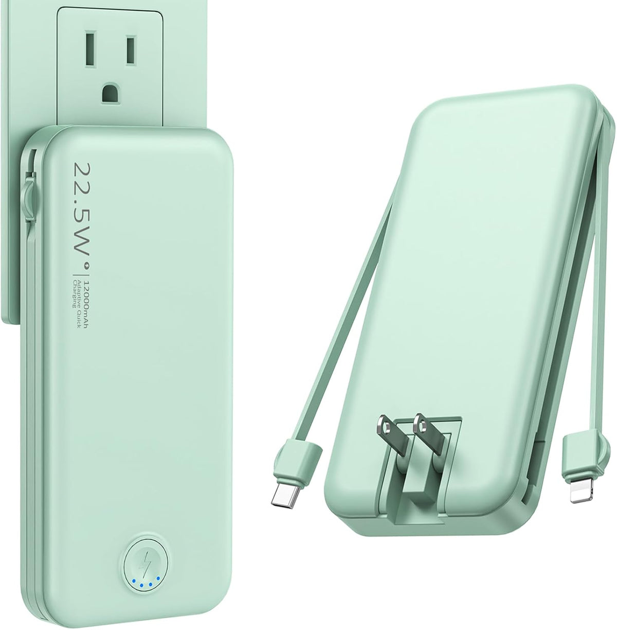 Portable Charger with Built in Cable and AC Wall Plug, USB C Power Bank 12000mAh 22.5W Super Fast Charging, Lightweight Portable Phone Charger Travel Battery Pack for iPhone, ect