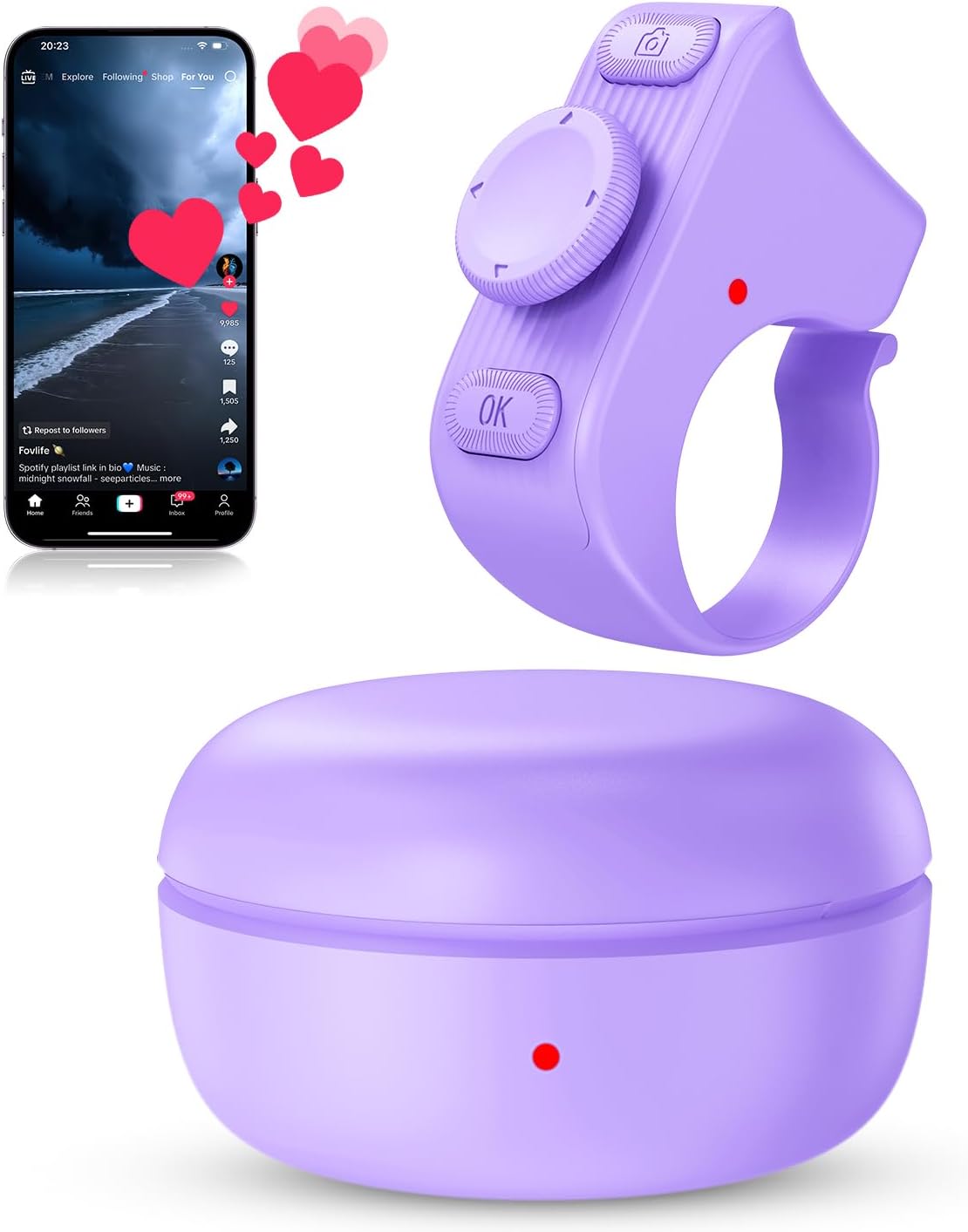 TikTok Scrolling Ring Remote Control, Camera Shutter Remote, Wireless Bluetooth Scrolling Ring for iPhone, iPad, iOS, Android - Purple