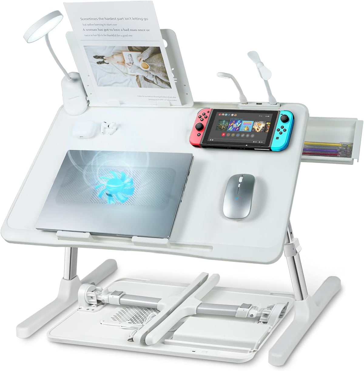 Laptop Lap Desk with Cooling Fan - Adjustable with Light, USB, Storage Drawer - Folding Bed Desk,23.62"*15.74",White