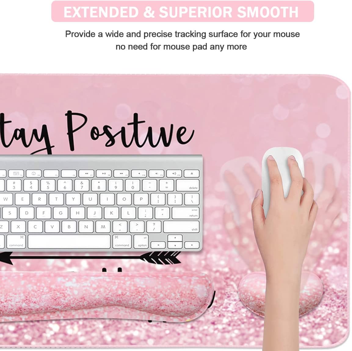 Keyboard Mouse Pad Set, Extended Mouse Pad+Keyboard Wrist Rest Support, Memory Foam Ergonomic Easy Typing, 3Pcs (35.4×15.7 in) Desk Pad Set for Home Office Study Game - Pink Stay Positive