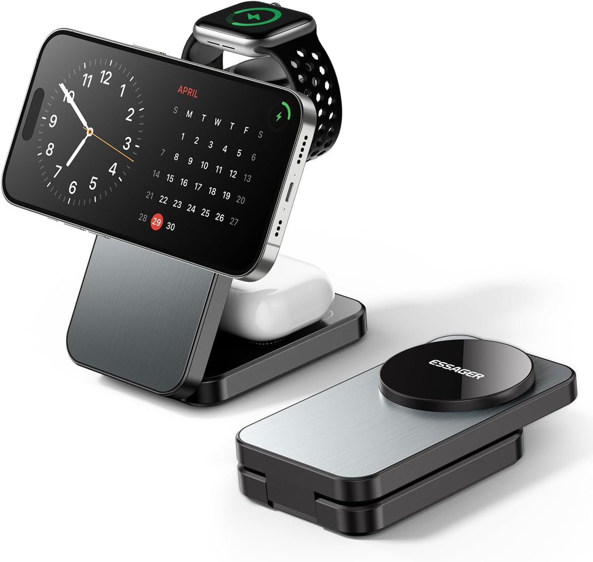 ESSAGER 3 in 1 Foldable Travel Wireless Charger, 15W Magnetic Charging Station for iPhone 16/15/14/13/12 Series, 20W