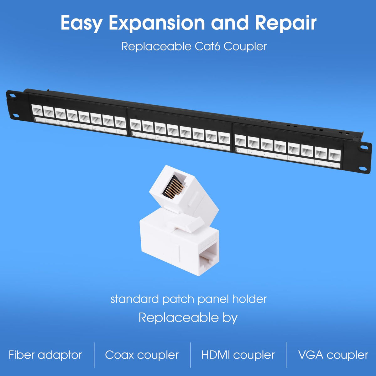 24 Port Keystone Patch Panel, 1U 19-inch RJ45 Network Patch Panel with Back Bar, Loaded with 24 Cat6 Couplers (White)