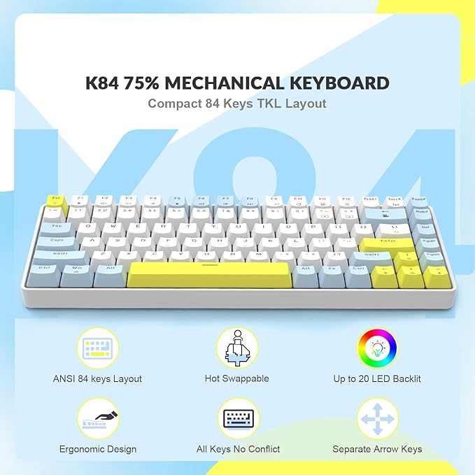 K84 75% Mechanical Gaming Keyboard84 Keys TKL Layout Compact KeyboardHot Swappable18 LED BacklitAnti-ghostingwith Pro Coiled USB-C CableErgonomicPortablefor PCMac (LemonRed Switch)