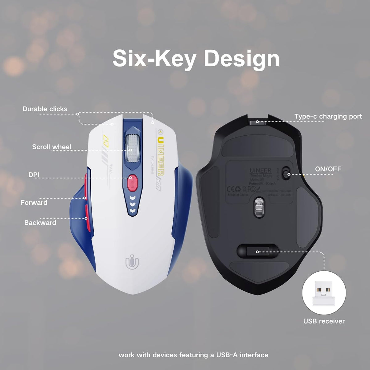 Wireless Mouse, [Upgraded] Visible Battery Display，Rechargeable Laptop Mouse Wireless 2.4G USB, 4 Adjustable DPI Levels,Optical Mouse Wireless for Laptop PC Computer,White and Blue