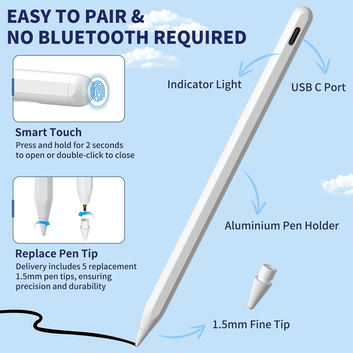iPad Apple Pencil 9th & 10th Generation, Fast Charge Stylus Pen for iPad, Palm Rejection, Tilt Sensitivity, Compatible