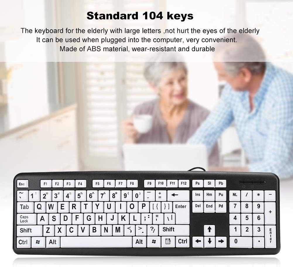 Black USB Wired Computer Keyboard, Low Vision Keyboard with White Large Print Keys