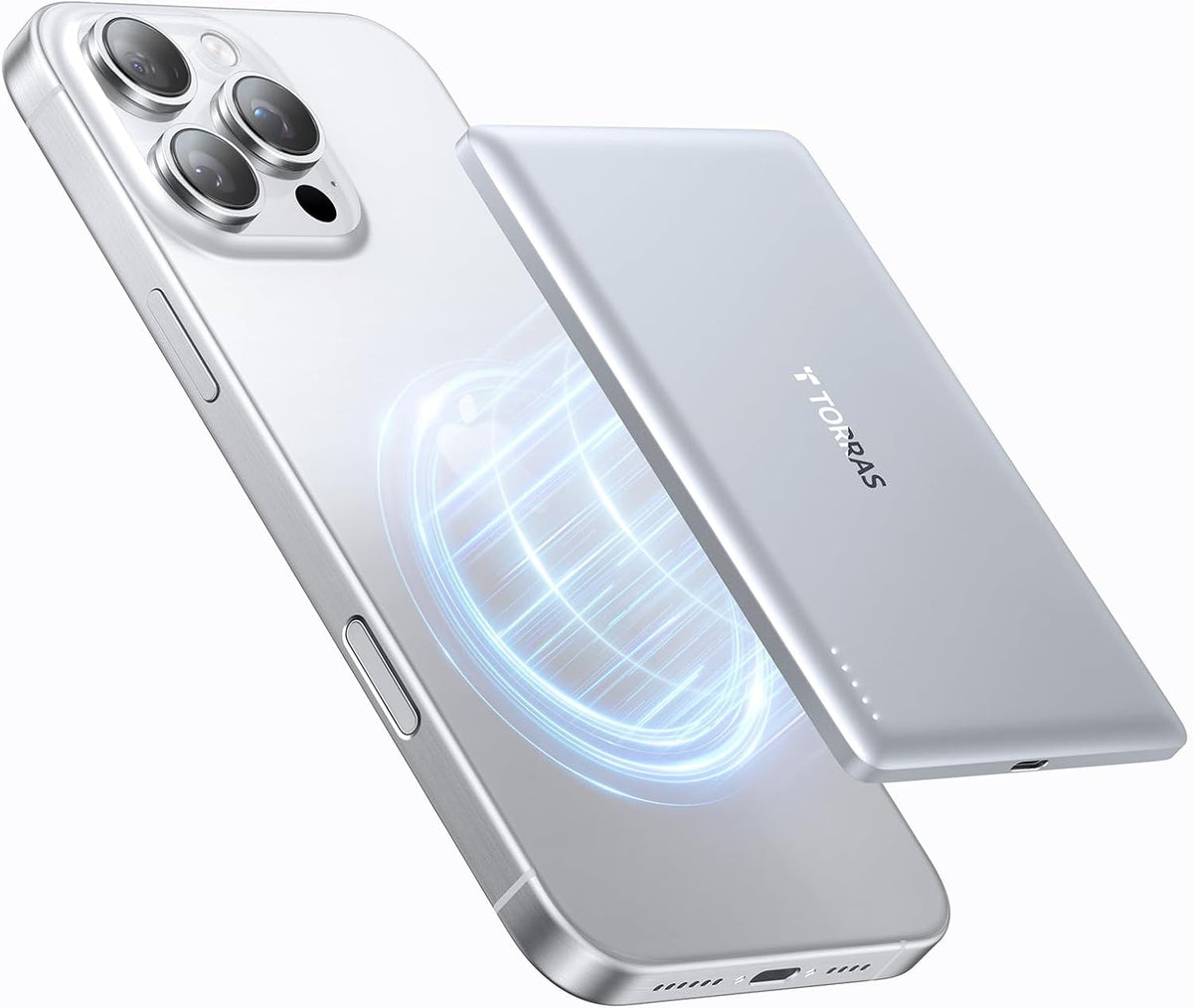 TORRAS Magnetic Portable Charger, 5,000mAh Wireless Power Bank with USB-C Cable, [Ultimate Slim] Fast Charging Durable Battery Pack for iPhone 15 Pro Max /15 Pro/15/14/13/12, Silver White