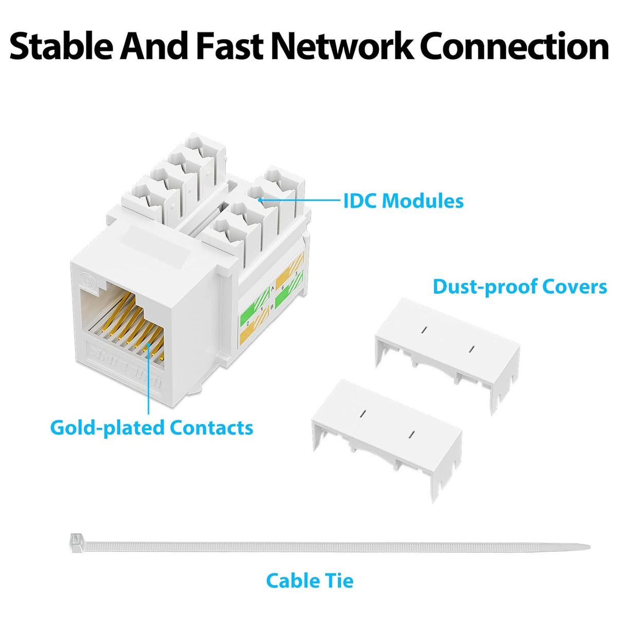 iwillink 10Gbps Cat6 Keystone Jack, RJ45 Keystone Jack 25-Pack and Keystone Punch-Down Stand, UTP Modular Ethernet Jack Insert 90-Degree, Punch Down Keystone Jack Adapter, White