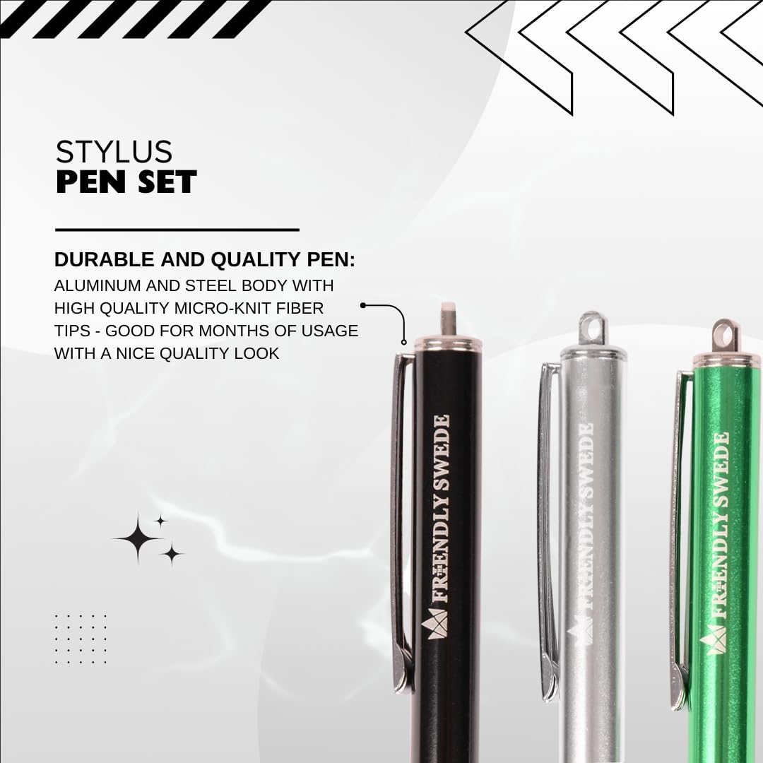 The Friendly Swede Mesh Tip Stylus Pen for Touchscreen — 3-Pack Micro-Knit Capacitive Stylus Pen for iPad & iPhone with 3 Replaceable Fiber Tips, Elastic Lanyards & Screen Cleaning Cloth