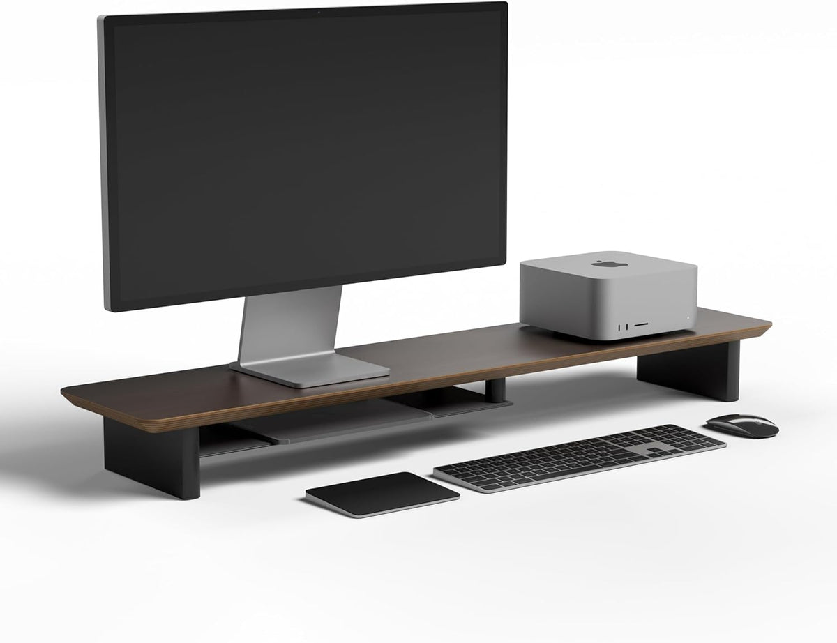 Walnut Dual‑Tier Monitor Stand for Modern Desk Setup – Minimalist Wooden Riser Shelf for Dual Monitors, Laptops, Home Office Aesthetic (Dark Walnut, Large)
