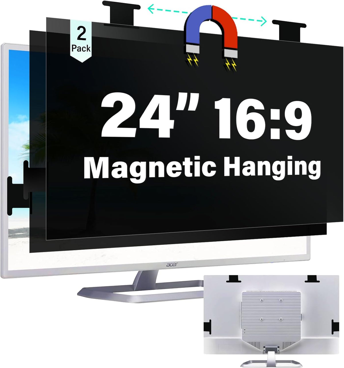 [2 Pack] Magnetic 24 Inch Computer Privacy Screen for 16:9 Aspect Ratio Widescreen Monitor, Hanging Eye Protection Anti Glare Blue Light Computer Monitor Privacy Filter, Removable 24 in Protector Film