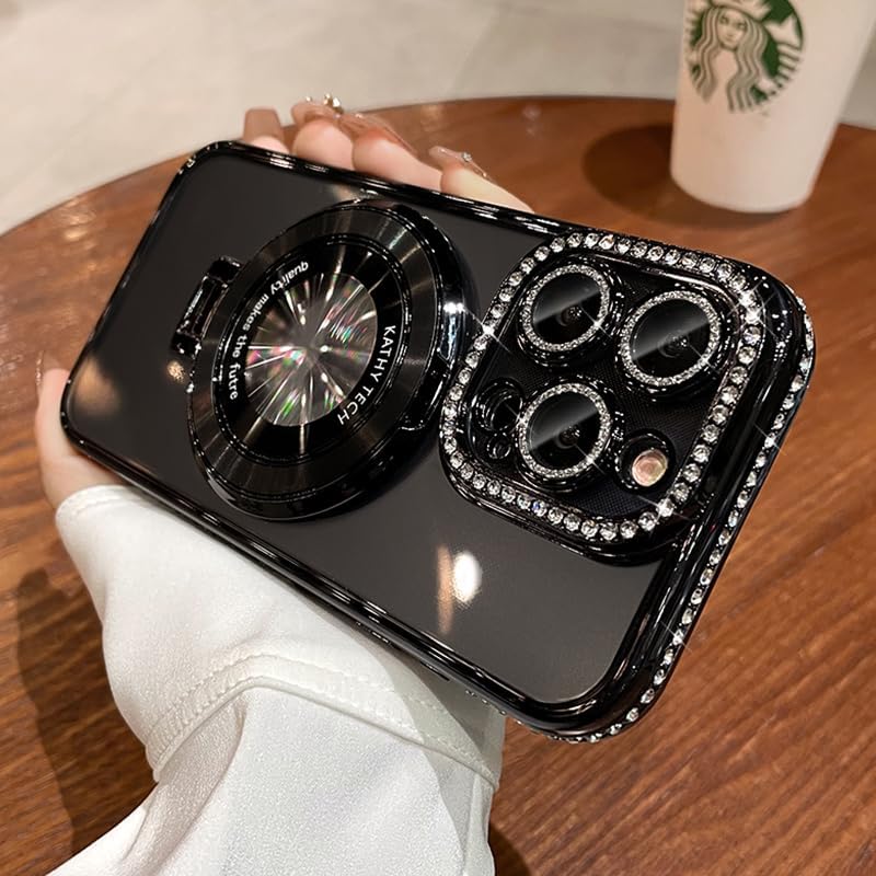 Magnetic Kickstand (Glitter Lens Protector ) Case for iPhone 15 14 13 16 Pro Max (Compatible with Magsafe ) Sparkling Diamond Cover Glitter Shiny Rhinestone Cases (Black,for iPhone 16 Pro)