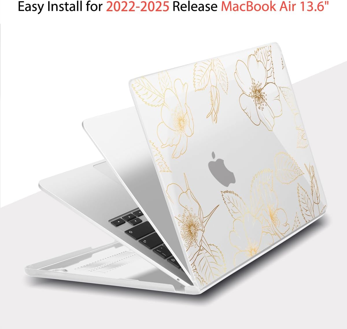 Teryeefi for MacBook Air 13.6 inch Case M4 M3 M2 2022 2023 2024 2025 Model A2681 A3113 A3240 Plastic Hard Shell Cover with Screen Protector & Keyboard Cover & USB 3.0 Adapter, Gold Flower Leaf