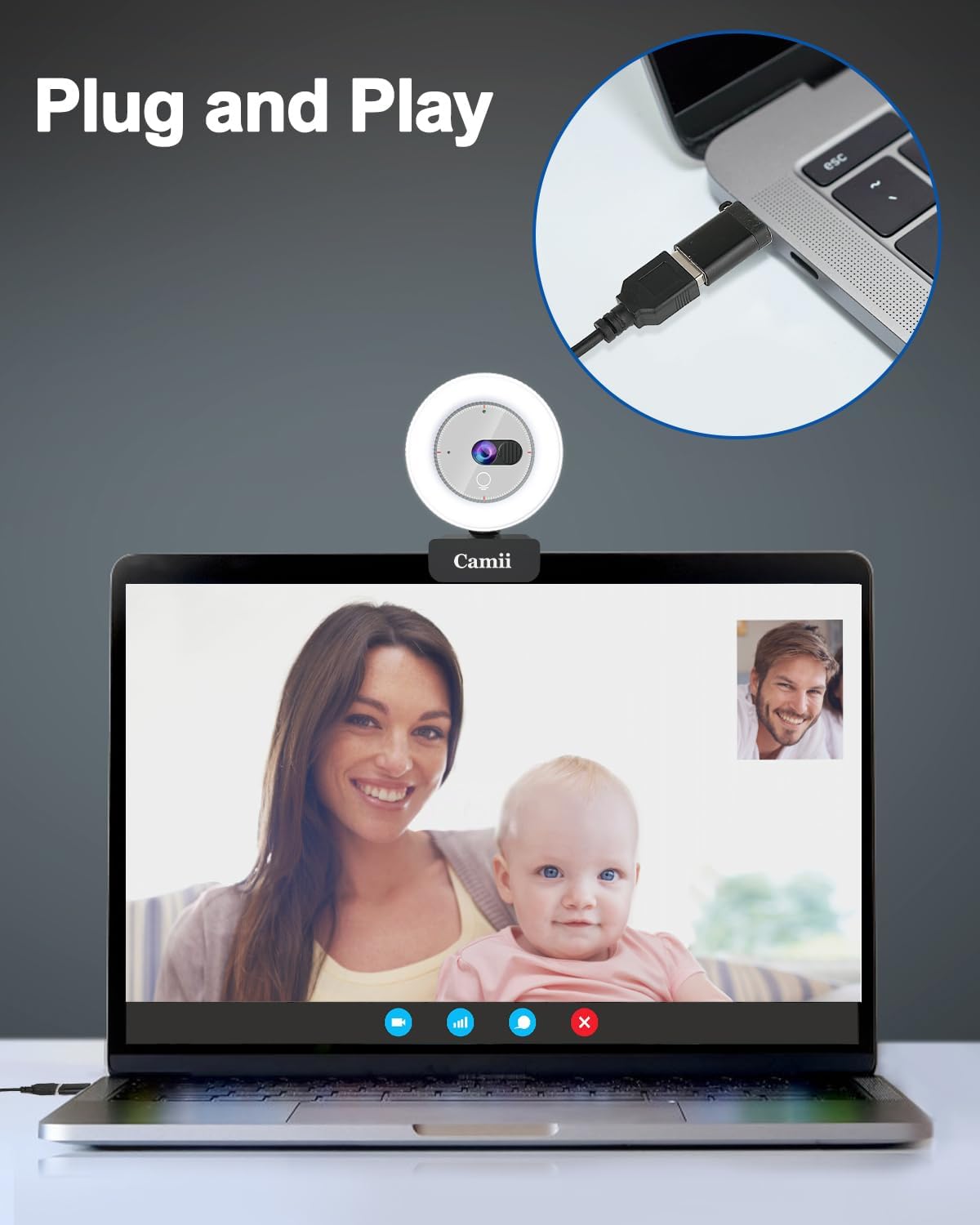 2K Webcam with Light, HD Webcam for PC with Built-in Privacy Cover, Adjustable Brightness, Noise Reduction Mics, for Zoom Skype Teams Laptop and Google Meet