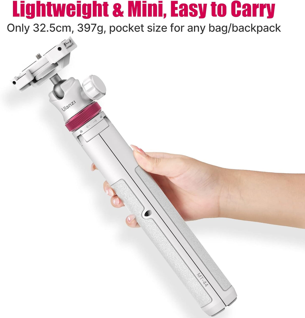 ULANZI MT-44 Extendable Phone Tripod, 59" Selfie Stick Portable Vlog Tripod Stand with 2 in 1 Phone Clip 1/4" Screw, 360° Ball Head Camera Tripod for DJI Pocket Sony Canon Action Fujifilm, White