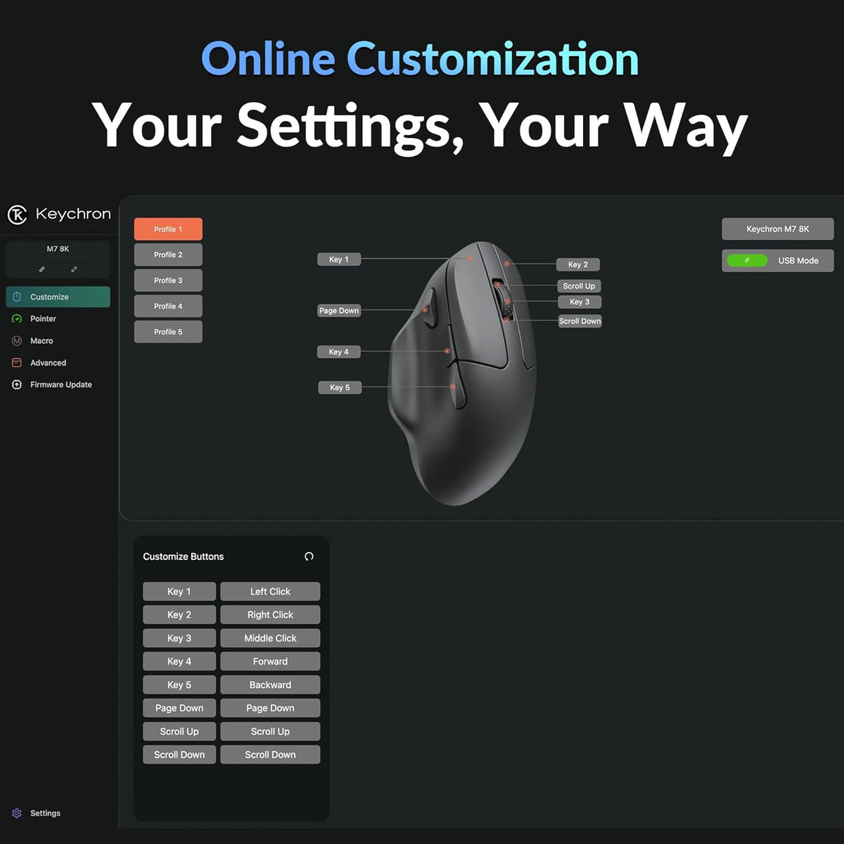 Keychron M7 8K Wireless Mouse, 30K DPI Optical Computer Mice, 2.4 GHz/Bluetooth/Wired with Macro Button 66g Lightweight Ergonomic, Up to 140 Hours Worktime for Laptop macOS/Windows - Black