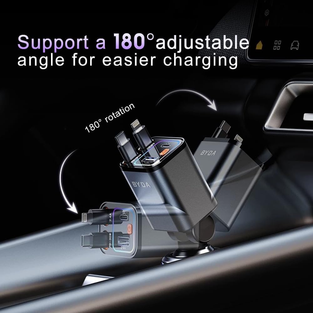 [2025 Mirco-Version] 4 in 1 Retractable Car Charger,69W Car Charger USB C,Cigarette Lighter Adapter,Fast Charging for iPhone 16e/16/15/14,13,Android (Purple, for Lightning+USB-C)