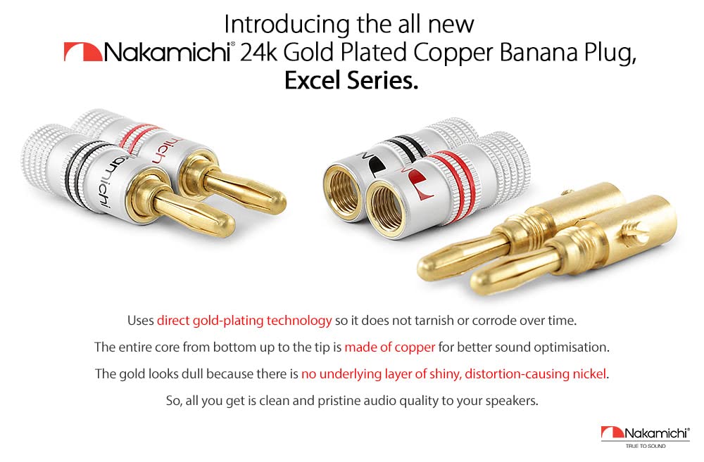 Nakamichi Excel Series 24k Gold Plated Banana Plugs 12 AWG - 18 AWG Gauge Size 4mm for Speakers Amplifier Hi-Fi AV Receiver Stereo Home Theatre Radio