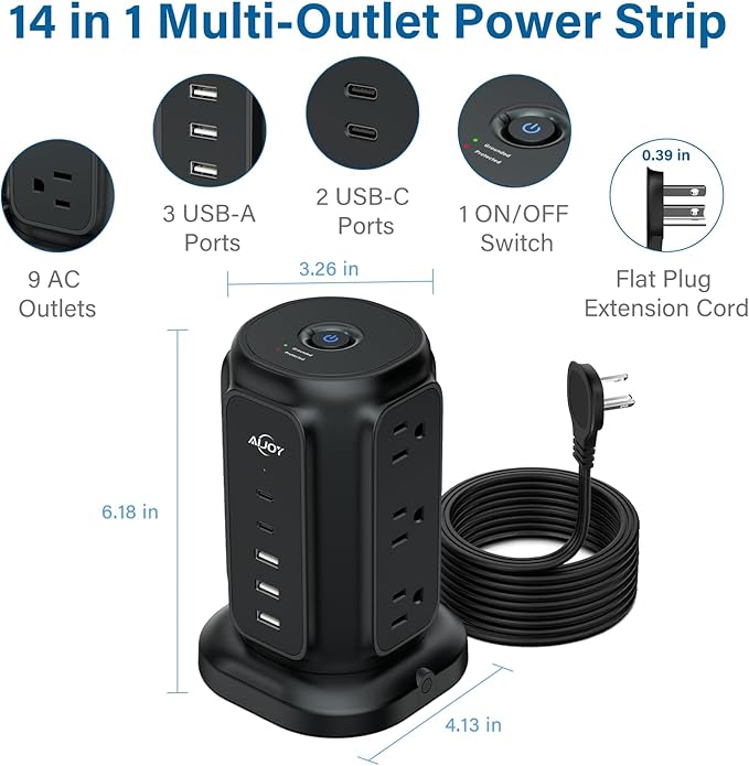 AiJoy Power Strip Tower with 9 AC Outlets and 5 USB Ports Charging Station