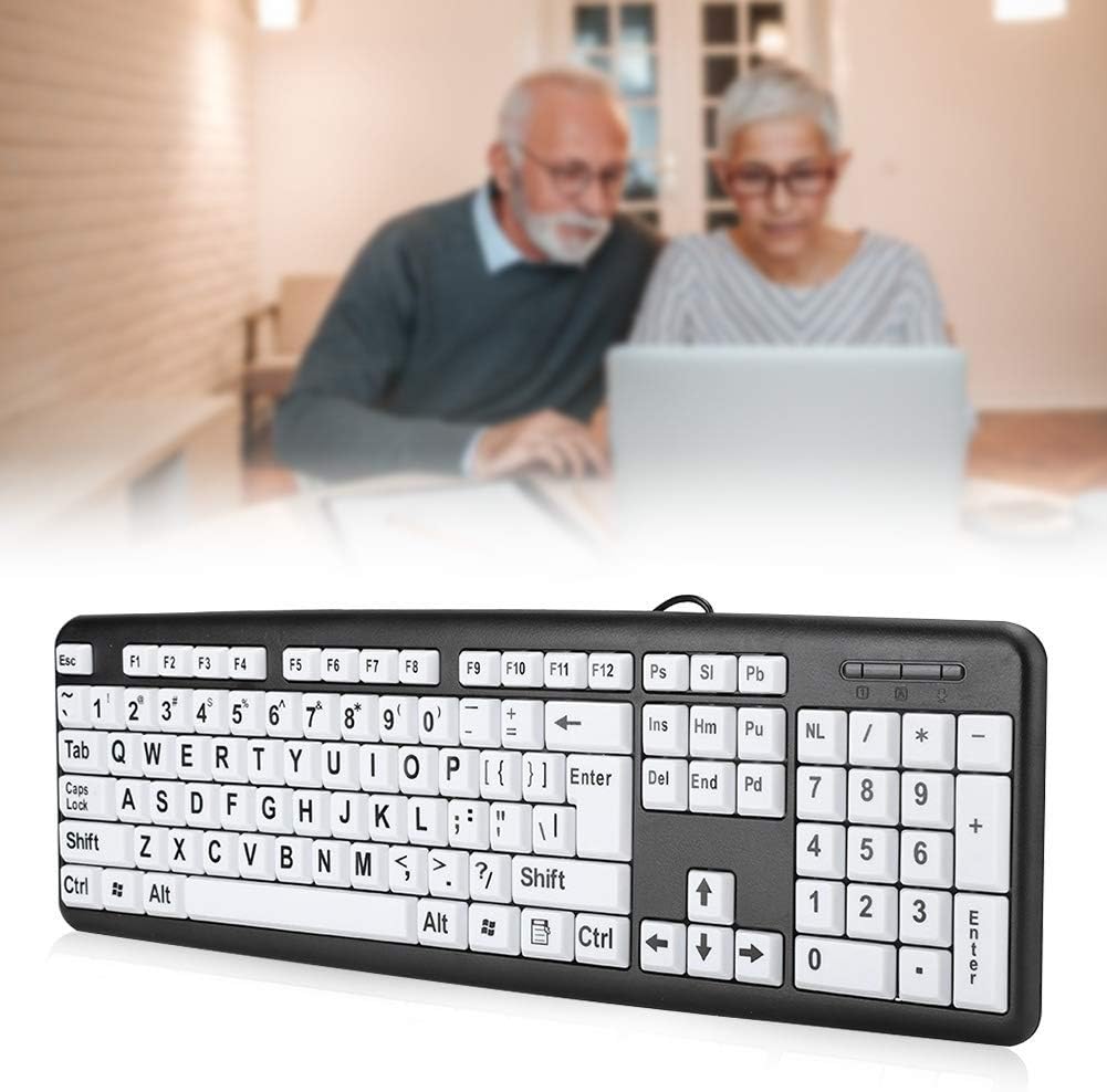 Black USB Wired Computer Keyboard, Low Vision Keyboard with White Large Print Keys