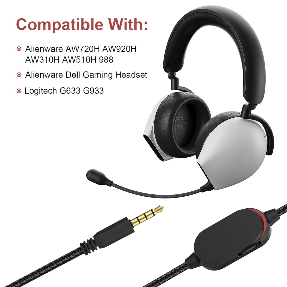 AW920H Gaming Headset Cable, Audio Aux Cable with Inline Mute Switch & Volume Controller for Alienware Headsets, 5.5ft