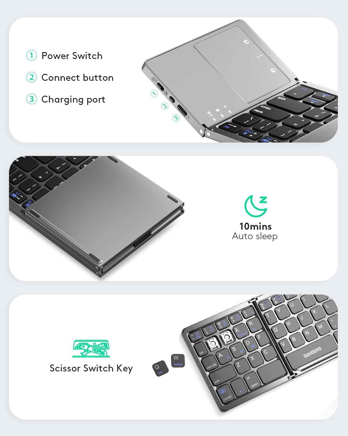 Samsers Multi-Device Foldable Bluetooth Keyboard with Touchpad, Portable Ultra Slim for Android Windows iOS