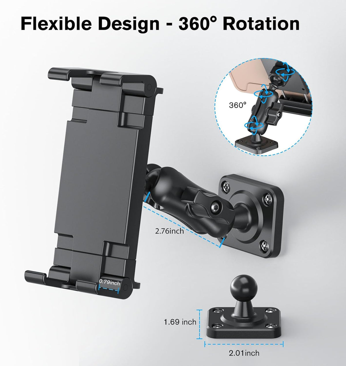 PLDHPRO Tablet Wall Mount Holder with Drill Base, Adjustable iPad Wall Mounted Stand Compatible with 5.1'' - 15.6'' Phones Tablets for Truck Dashboard Desk Kitchen Cabinet