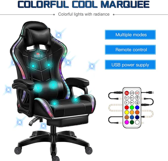 RGB Gaming Chair for Adults with Footrest and Massage Lumbar Pillow Swivel Height Adjustable Racing Reclining PU Leather LED Video Game Chair with Speakers E-Sports Gaming Chair
