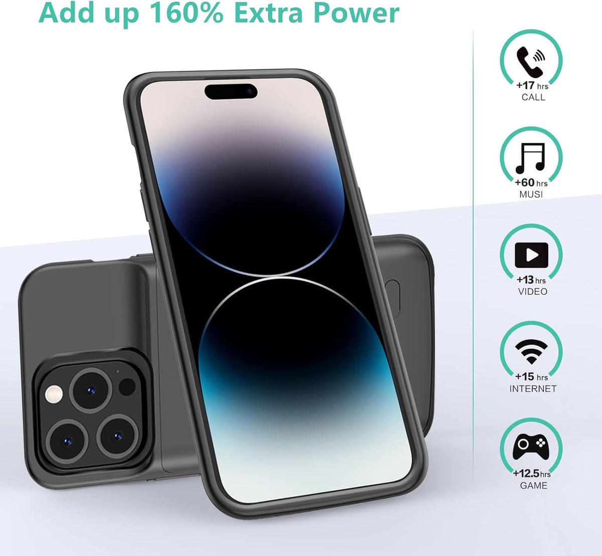 JCK Battery Case for iPhone 14 Plus/Pro Max/13 Pro Max/12 Pro Max, 7000mAh Portable Charging Case, Black