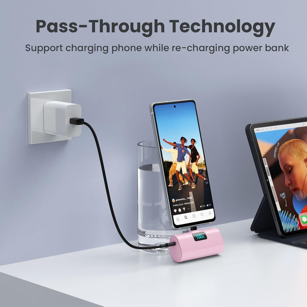 [2-Pack] Small Portable Charger 5200mAh, Upgraded PD USB C Power Bank with Built-in USB-C Connector, LCD Display,