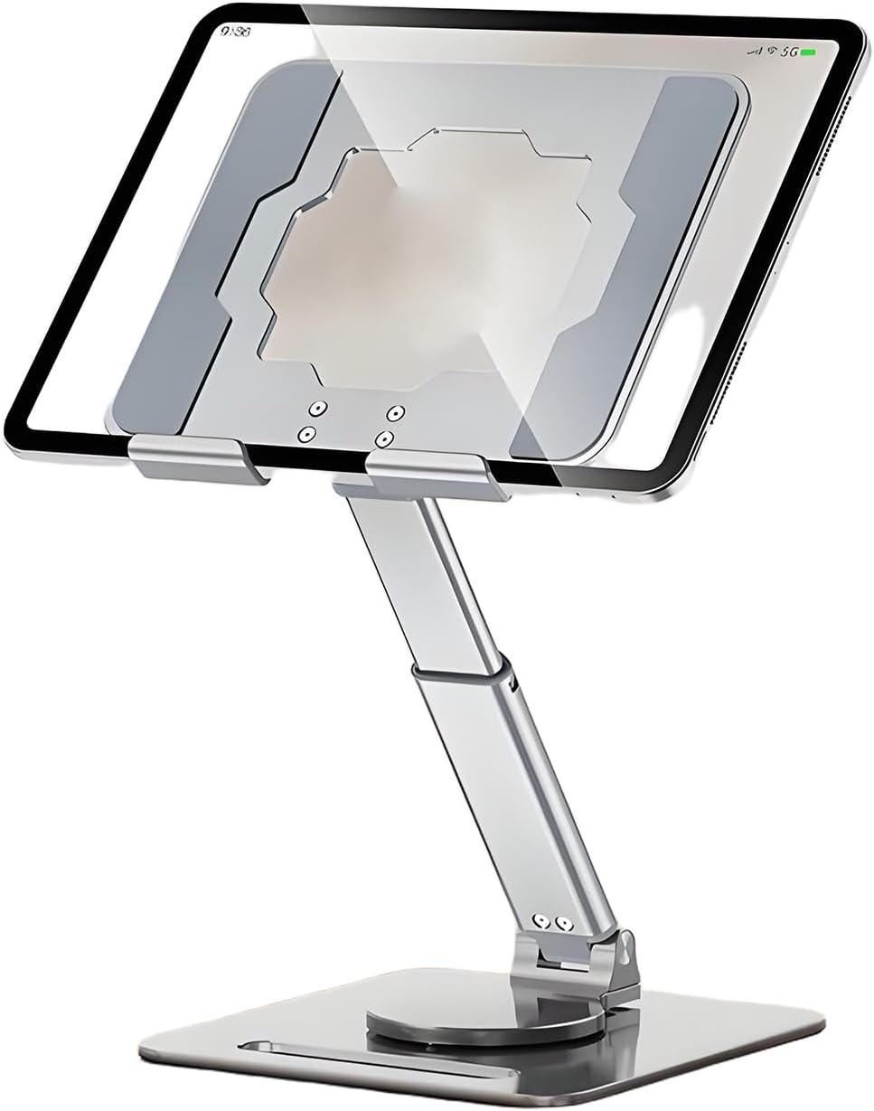GuaziV 360° Rotating Tablet Stand - Adjustable iPad Tablet Holder for Desk, Foldable iPad Swivel Stand for Home & Office (Polished Silver)