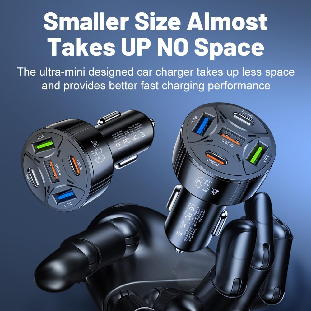 65W USB C Car Charger, PD30W & QC3.0 Fast Charging Cigarette Lighter Plug Adapter for iPhone/Android/Samsung