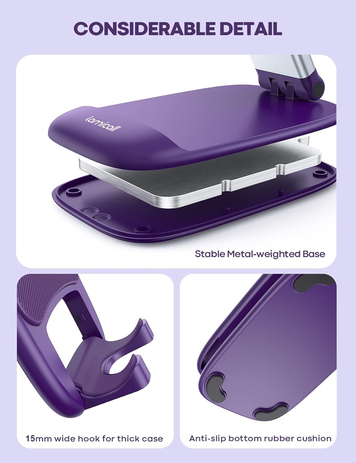 Lamicall Purple Phone Stand for Desk - Dark Purple Cell Phone Holder Desktop Office Must Have Compatible with iPhone 13 Pro Max Mini, 12 11 XR X 8 7 6 Plus SE, 4-8'' Smartphone