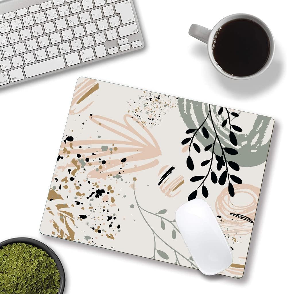 Mouse Pad with Abstract Art Design, Square Waterproof Non-Slip Rubber Base Mouse Mat for Office Laptop, Modern Boho Leaves
