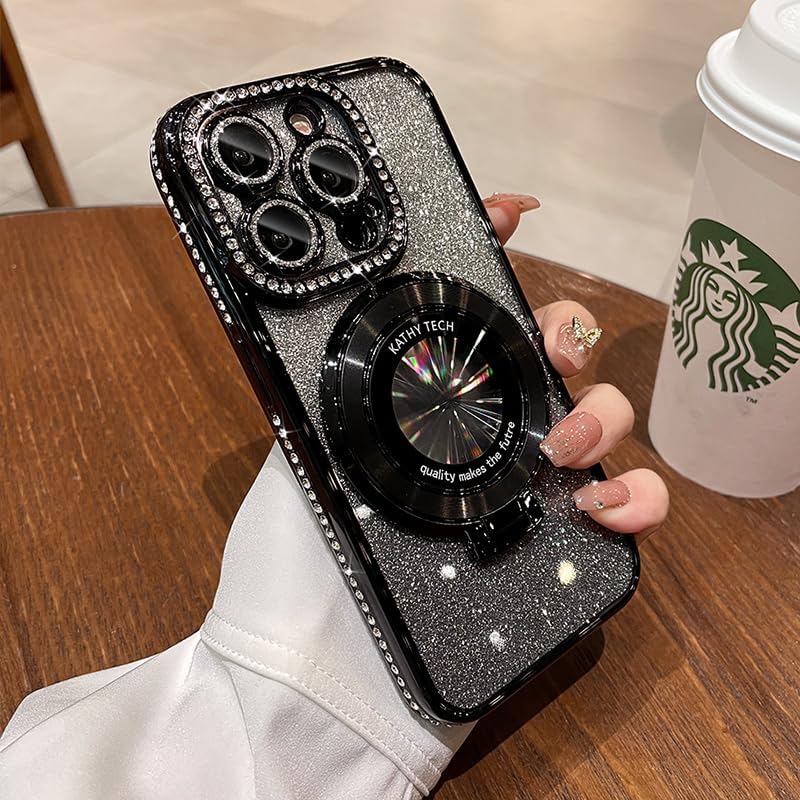 Magnetic Kickstand (Glitter Lens Protector ) Case for iPhone 15 14 13 12 Pro Max (Compatible with Magsafe ) Sparkling Diamond Cover Glitter Shiny Rhinestone Cases (Black,for iPhone 15 Pro)