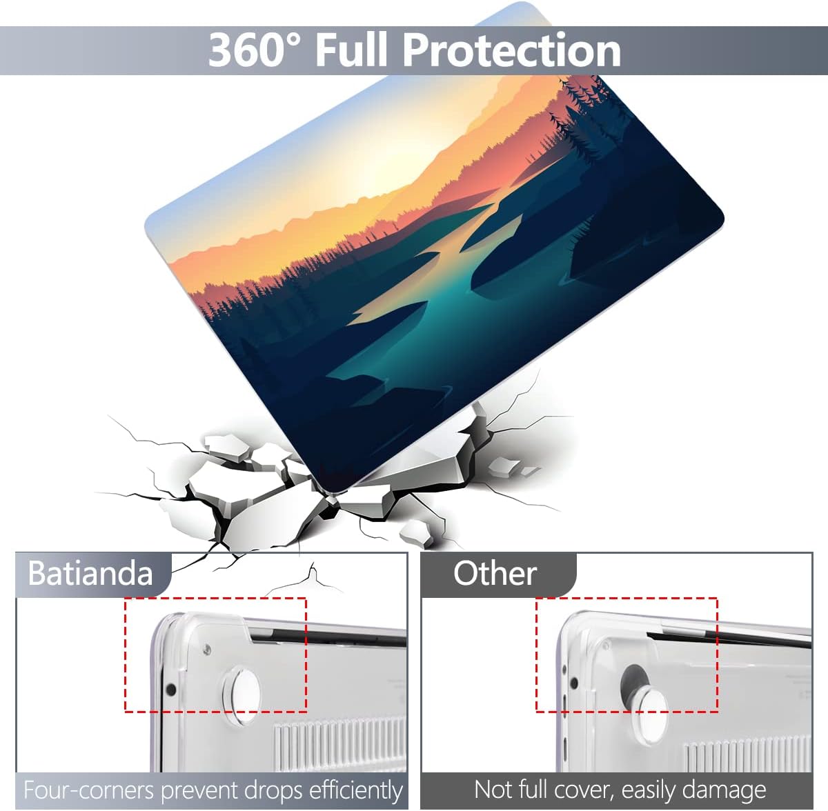 Batianda Design Case for M1 MacBook Air 13 Inch Model A2337 M1 A2179 A1932 2021 2020 2019 Release,3D Painted Landscape Series Hard Shell with Keyboard Cover & Screen Protector, Dawn