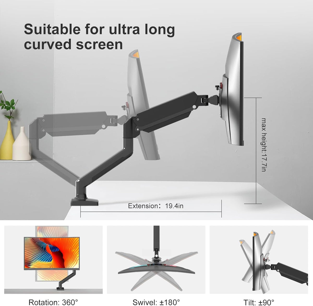 PHOLITEN Single Monitor Mount Fits 13-32 inch,4.4-19.8lbs, Fully Adjustable Gas Spring Monitor Arm with VESA 75 * 75mm/100 * 100mm Mount